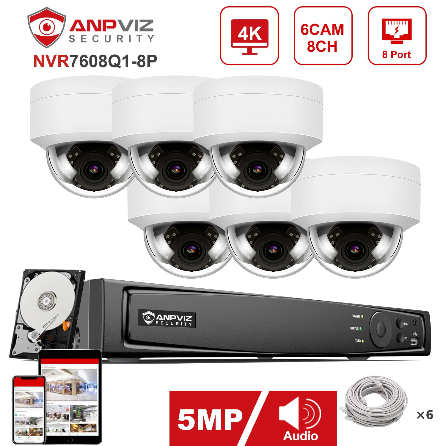 Anpviz 5MP POE IP Security Camera System 8CH 4K NVR Audio Outdoor Security CCTV Surveillance Protection Kit IR 30m P2P View