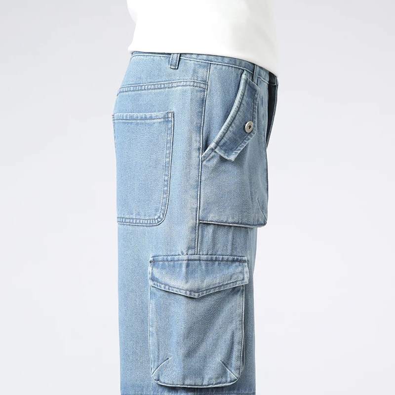 韓国クラシック Y2K マルチポケットカーゴパンツカジュアルショーツ夏の新デニムショーツだぶだぶのジーンズ薄いトレンディな弾性ウエストオーバーオール
