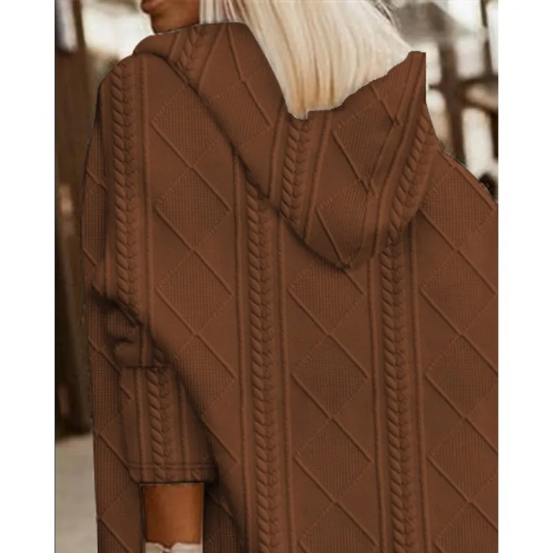 เสื้อแจ็คเก็ตผู้หญิงสไตล์ยุโรปอเมริกัน  แบบมีฮู้ด  ผ้าทอลายเคเบิ้ล  ความยาวปานกลาง  สำหรับฤดูใบไม้ร่วงและฤดูหนาว  แบบกันลม