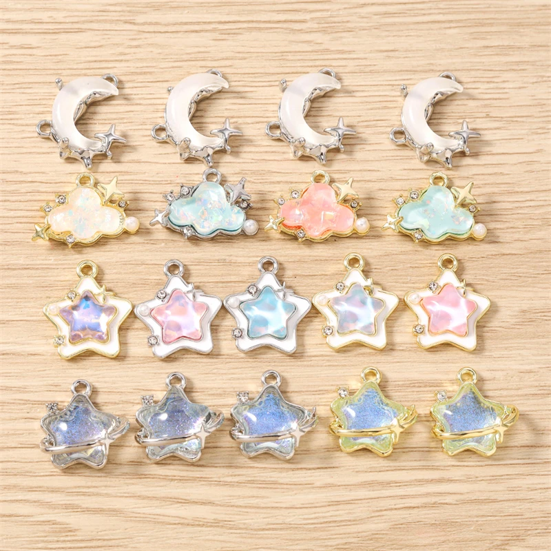 5 Stück Niedliche Kristall-Metall-Anhänger mit Mond-, Stern- und Wolkenmotiven für die Herstellung von Halsketten, Ohrringen, Armbändern, DIY-Bastelarbeiten und Schmuckzubehör – Detail 1