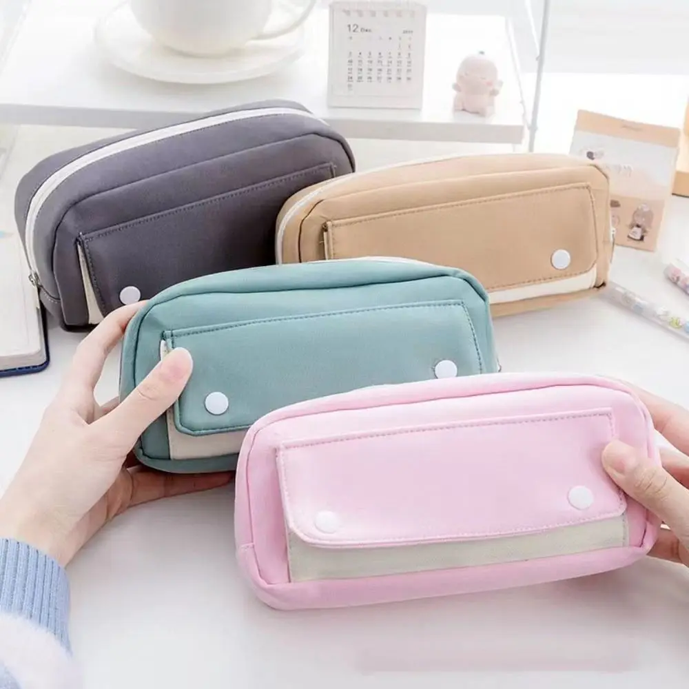 

Large Capacity Student Pencil Case Flip Style INS Simple Pencil Pouch Morandi Color Press Button Gel Pen Organizer Stationery