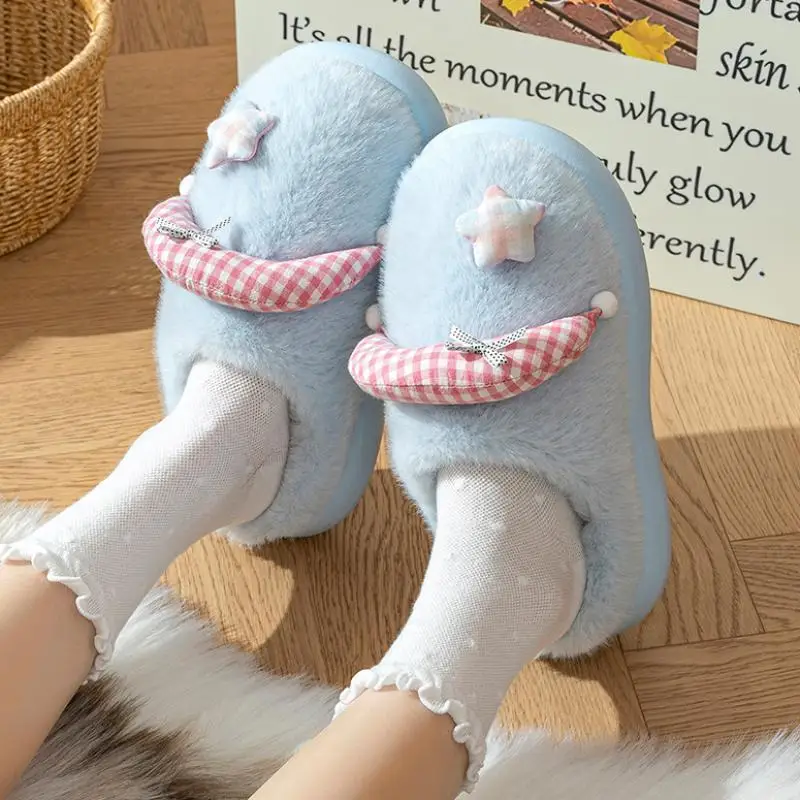 Cute Star Decorate Fluffy Fur Women's Slippers Soft Sole Warm Plush House Slippers Winter 2026 Platform Non Slip Shoes for Women