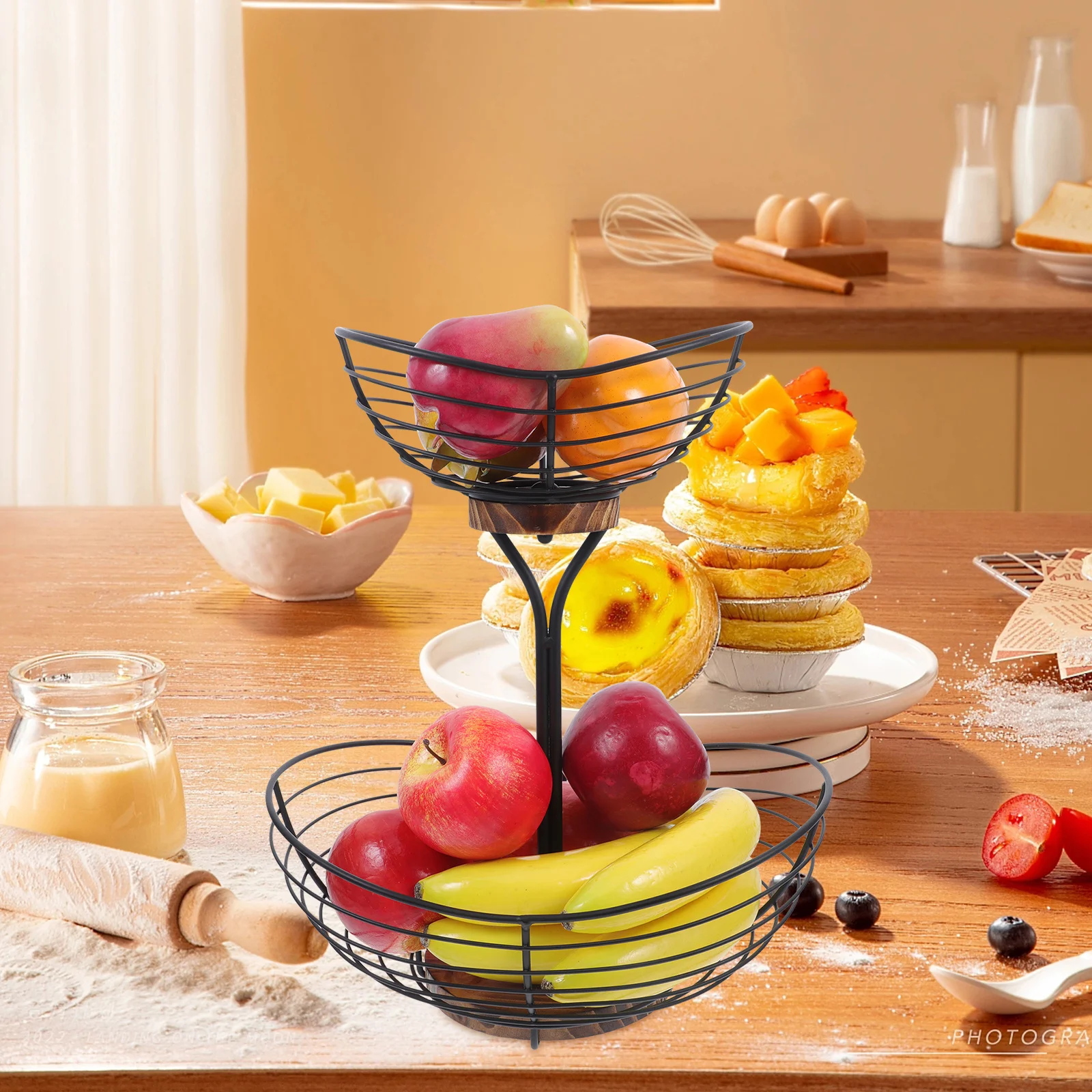 

Elegant Fruit Storage Basket Multi Tier Iron Wood Build Compact Desktop Fruit Organizer Decorative Bowl for Kitchen Or Office