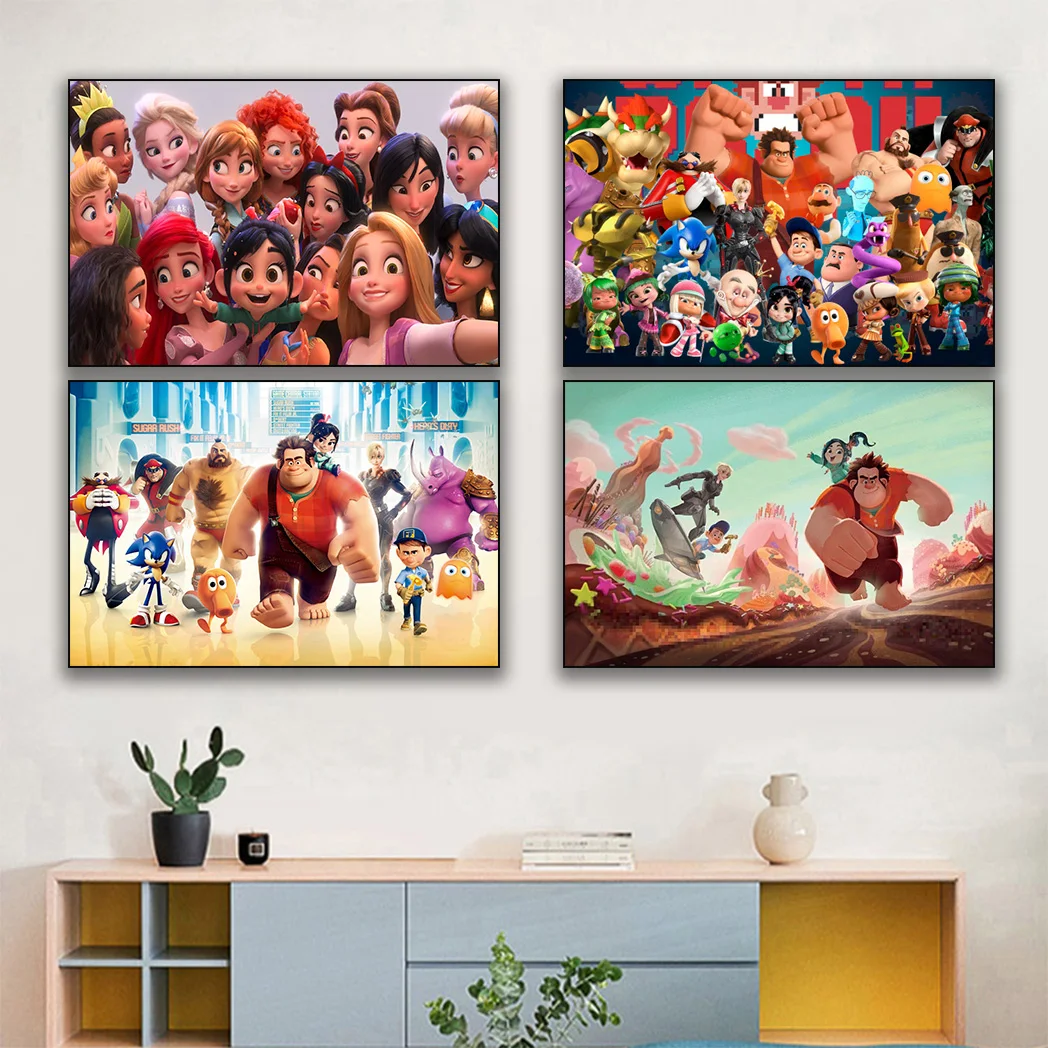 MINISO Disney Wreck-It Ralph Movie Home Decor Princess Group Photo Canvas Painting Bedroom Decor Small Kids Wall Art Poster Gift