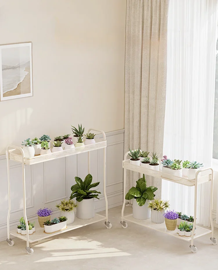 

Mobile Succulent Storage Rack Balcony Iron Living Room Floor-Standing Double-Layer Indoor with Wheels Jardiniere