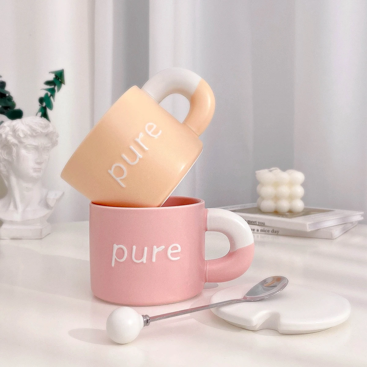 380ml Cute Female High Beauty Mug Splicing Macron Color Pure Letter Ceramic Milk Coffee Cup Household Mugs With Lid and Spoon