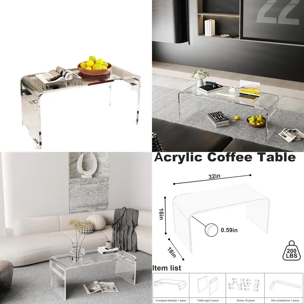 

Mid-Century 32 Clear Acrylic Coffee Table, Suitable for 2-Seater Sofa, Easy Assembly