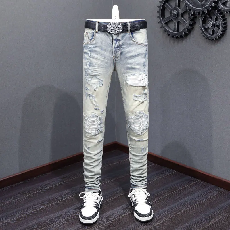 

Street Fashion Men Jeans Retro Washed Blue Stretch Skinny Fit Ripped Jeans Men White Patched Designer Hip Hop Brand Pants Hombre