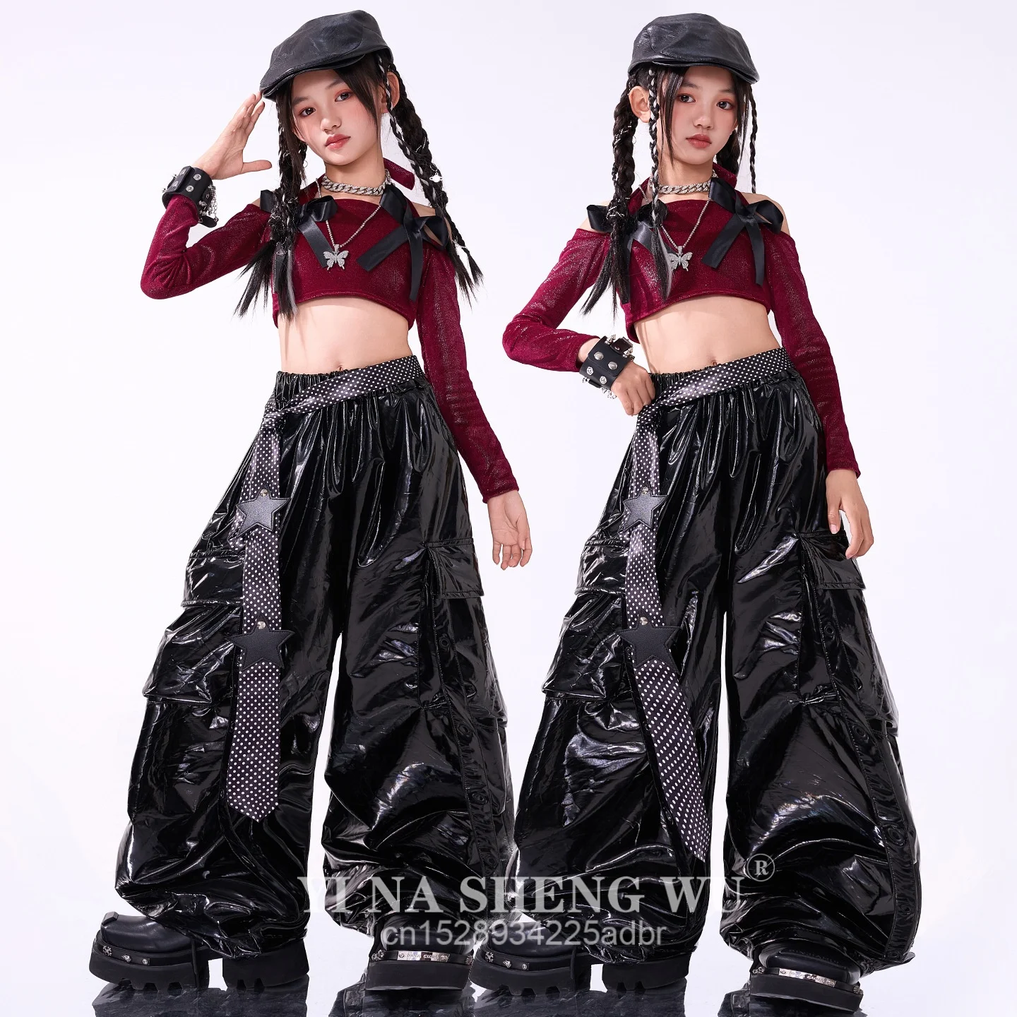 

Костюм для джазового танца для девочек, наряд Kpop, крутая красная одежда для танцевального шоу, укороченный топ, глянцевые брюки, одежда для концертных выступлений