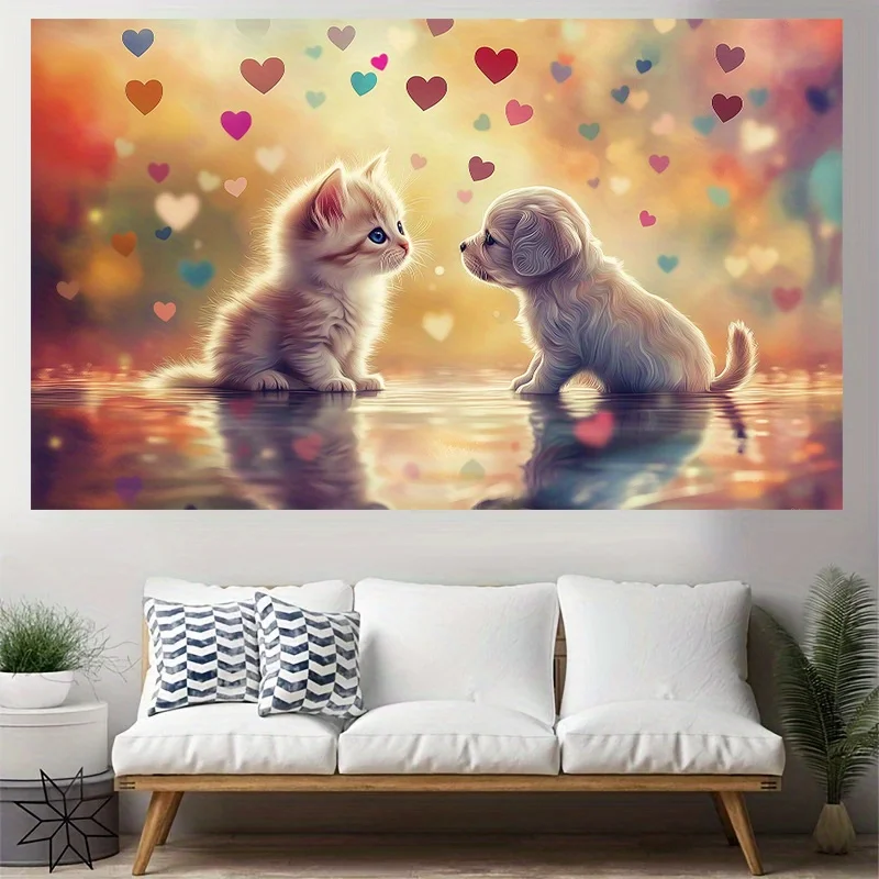Cute Kitten Puppy Love Tapestry, Fluffy Cat and Dog with Colorful Hearts on Water Reflection Print Wall Hanging for Kids Room