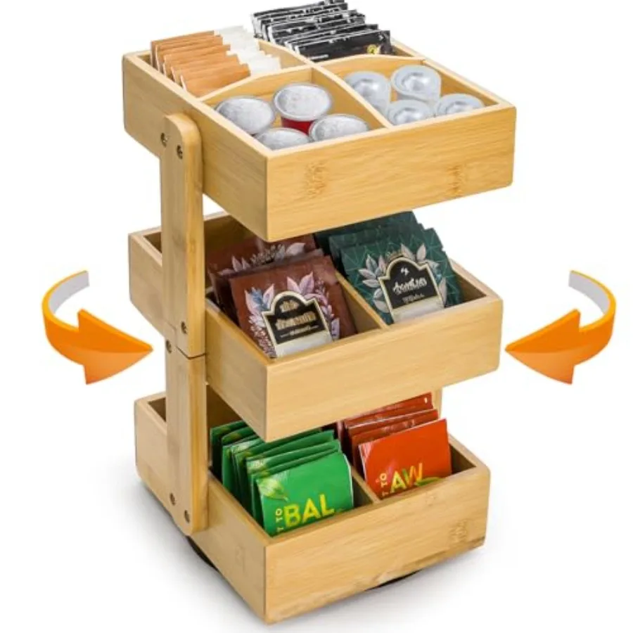 

3Tier 360 Rotating Bamboo Tea Bag Organizer Stand Countertop Spinning Caddy for Kitchen Bar Pantry 168 Teabags Easy Assembly Sp