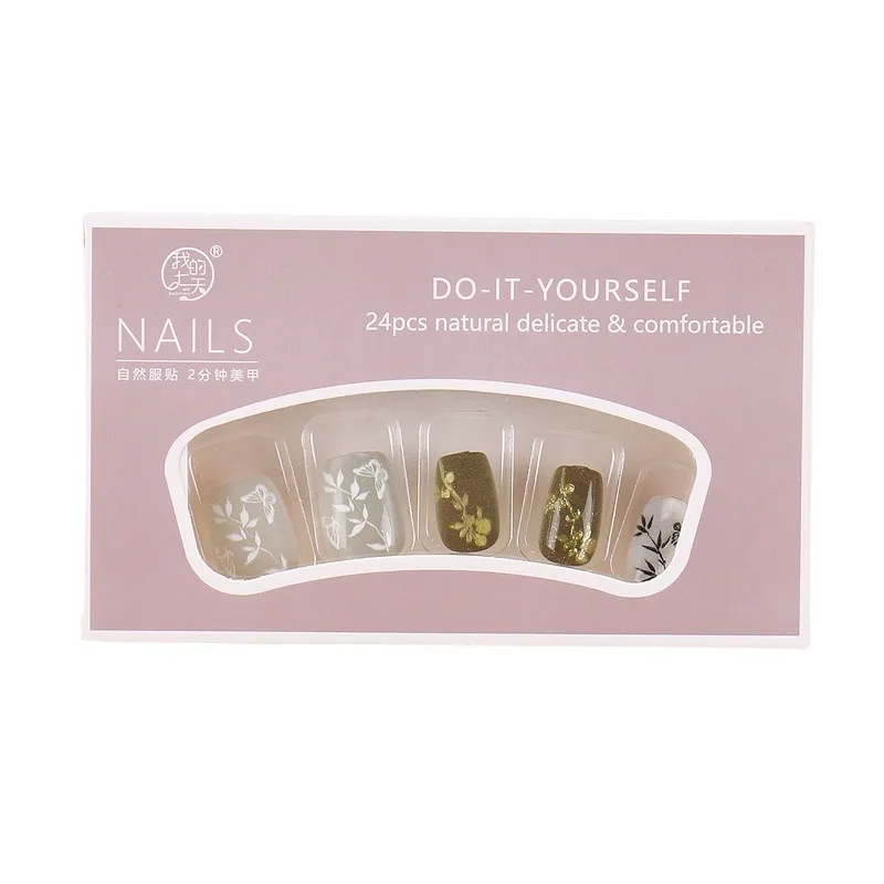 24pcs/set New Chinese Style Bamboo Press on Nails Fake Acrylic Medium Nails Press on Short Nails Black Nail Tips  Squared Oval