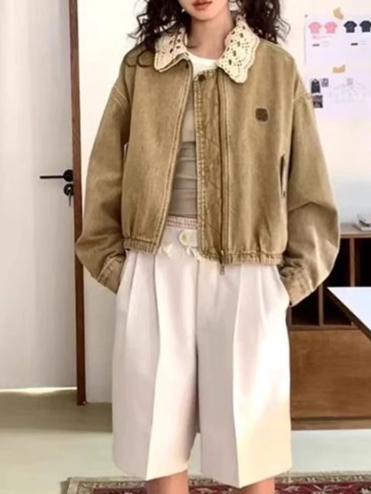Chaqueta vaquera con cuello de encaje para mujer, abrigo caqui para primavera y otoño con estilo bohemio, informal, elegante, con capas, prendas de vestir esenciales