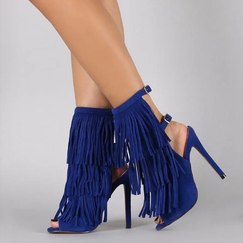 

Fashion Fringe Ankle Boots Open Toe Hollow Buckle Strap Tassels High Heels Women Spring Autumn Short Booties Blue Customized