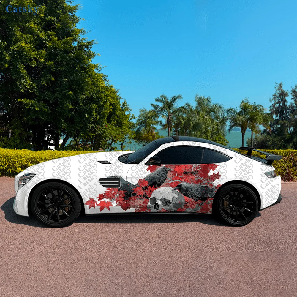 

CATSKY.2pcs..High-Quality Creative Crow Skull & Maple Leaf Pattern Stickers - 2 Fashionable Self-Adhesive PVC Truck Decals,