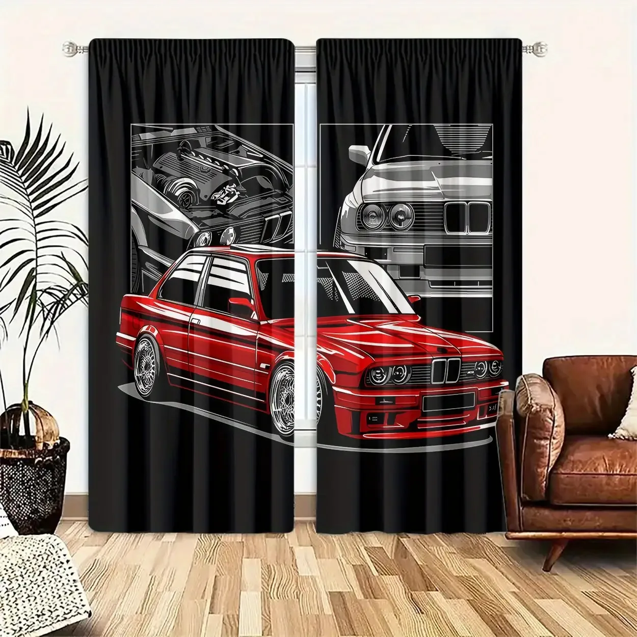 Red Sports Car Curtain Classic Auto Window Drape Racing Vehicle Decor for Boys Room, Black Background Garage Home Textile Fabric