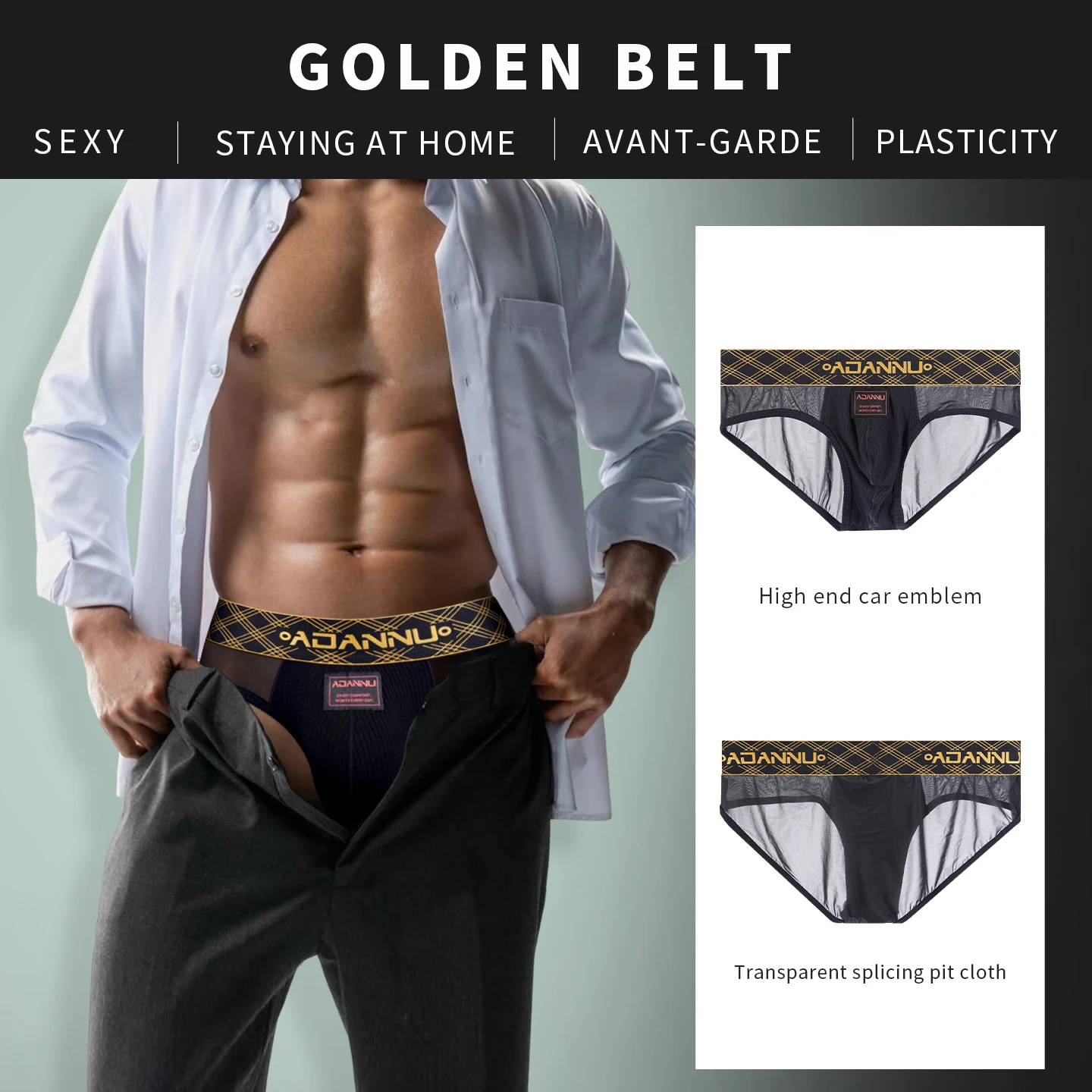 Luxury Ice Silk Men's Underwear with Gold Thread Embroidery Waistband Ultra-Thin Transparent Mesh Quick-drying Briefs for Men