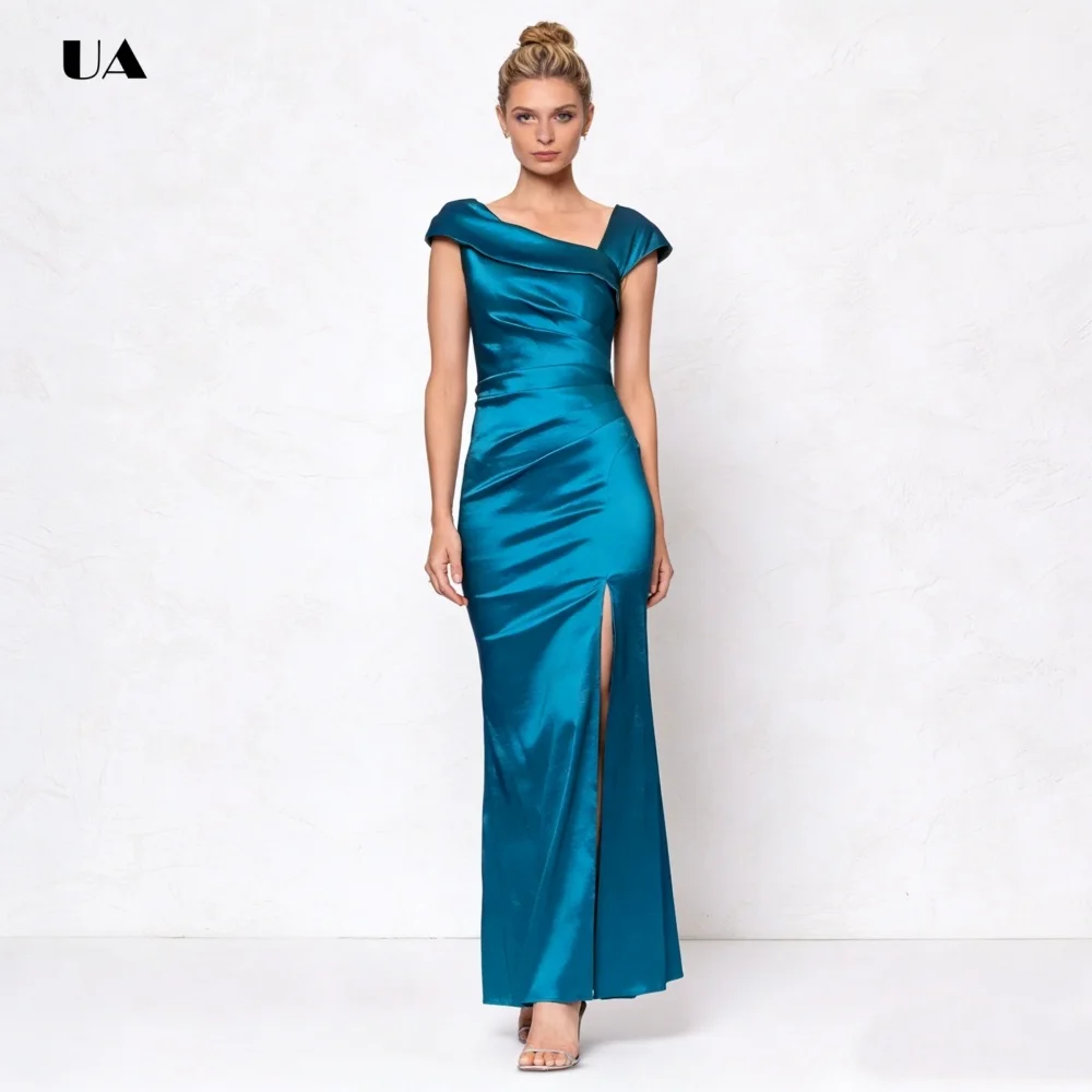 

Satin Mermaid Prom Dress with Asymmetric Neck, Solid High Slit Evening Dresses for Women, Classic Pleated Customized Party Gown