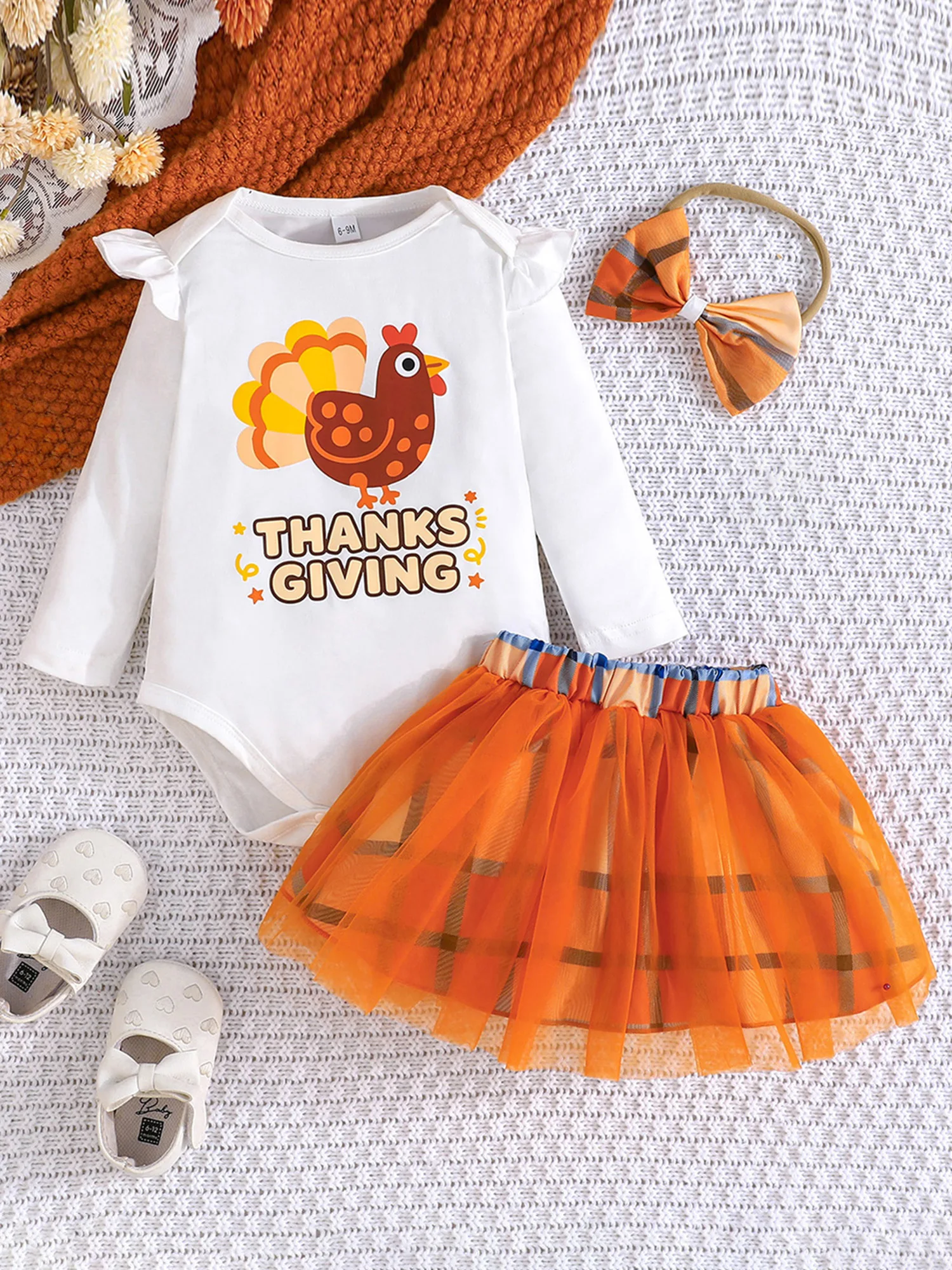 

Комплект одежды для маленьких девочек на День Благодарения, комбинезон с длинными рукавами и круглым вырезом, турецкий принт, фатиновая юбка, повязка на голову, комплекты из 3 предметов для осеннего праздника