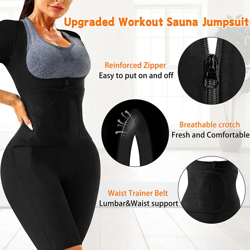 بدلة ساونا للنساء ، فقدان الوزن ، مدرب عرق الخصر ، تنحيف ، مشد لكامل الجسم ، بذلة ساونا ، سترة تمرين مع شورت ، 4 في 1