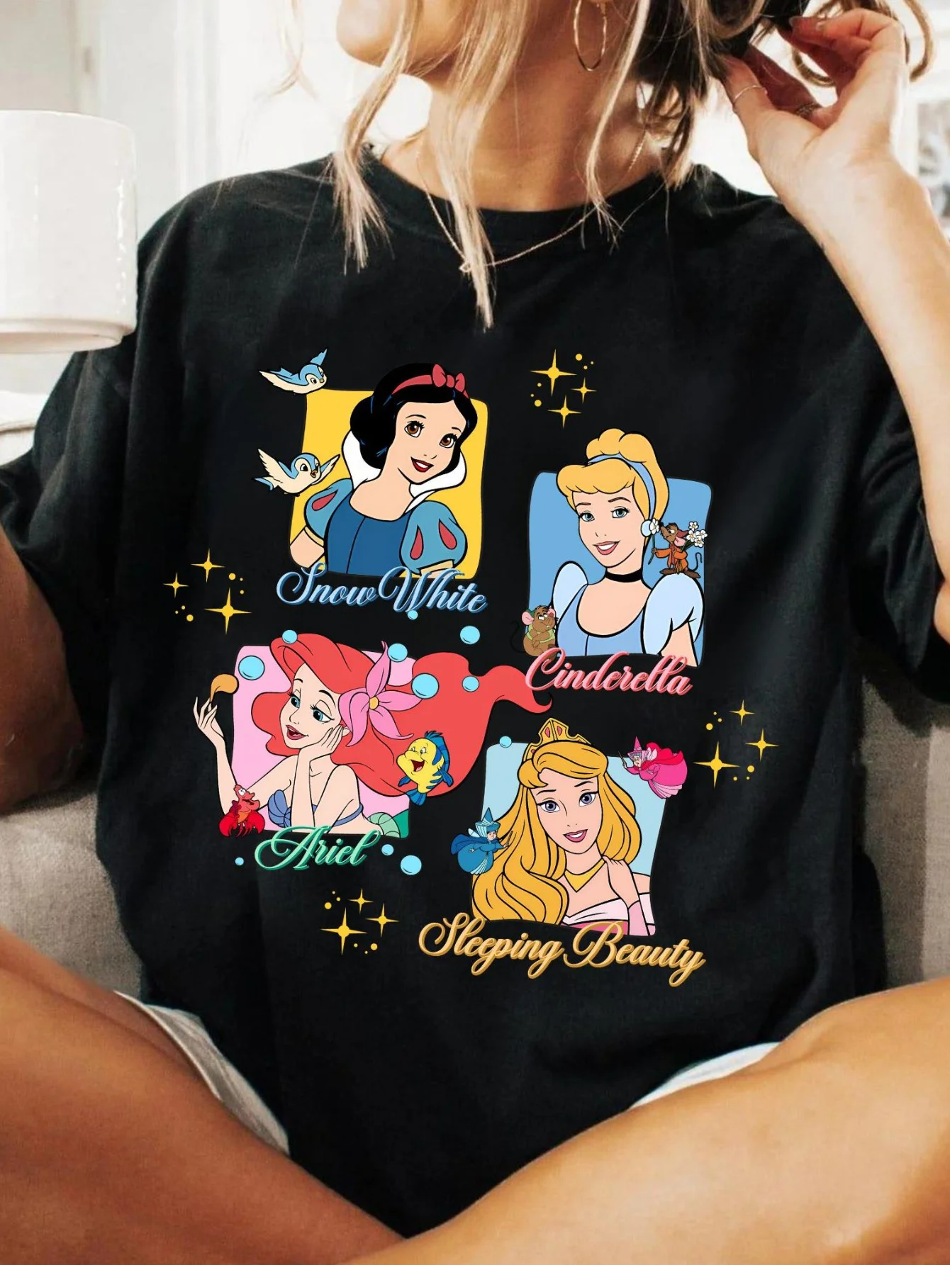 Disney Blancanieves y Cenicienta diseñado para la Bella Durmiente Ariel, fotografía de moda urbana de verano de manga corta para mujer