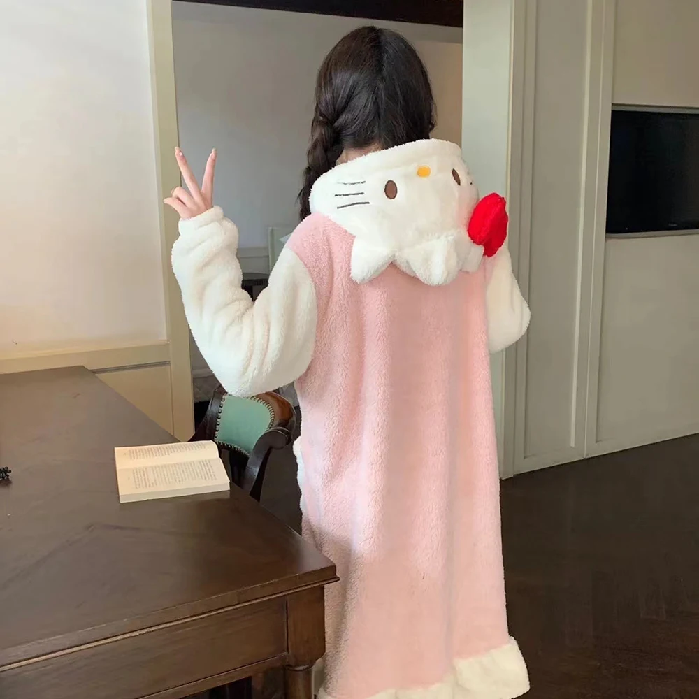 Hello Kitty Pajamas Female Long Robe Wear Thicken Coral Velvet Hooded Bathrobe Gown Autumn Winter Loose Sleepwear Home Dress