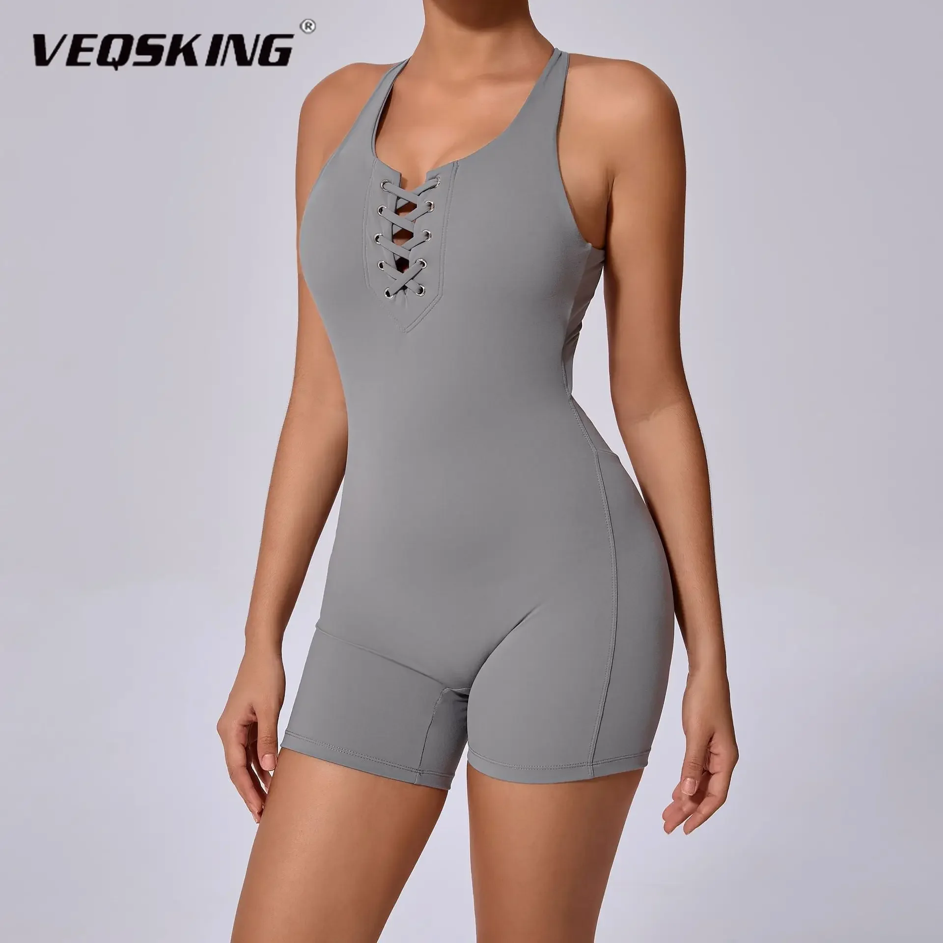 VEQSKING Drawstring Front Women Yoga Jumpsuit, Cross Back Sports Shorts Set, Widen Strap Gym Fitness Tracksuit, Workout Bodysuit