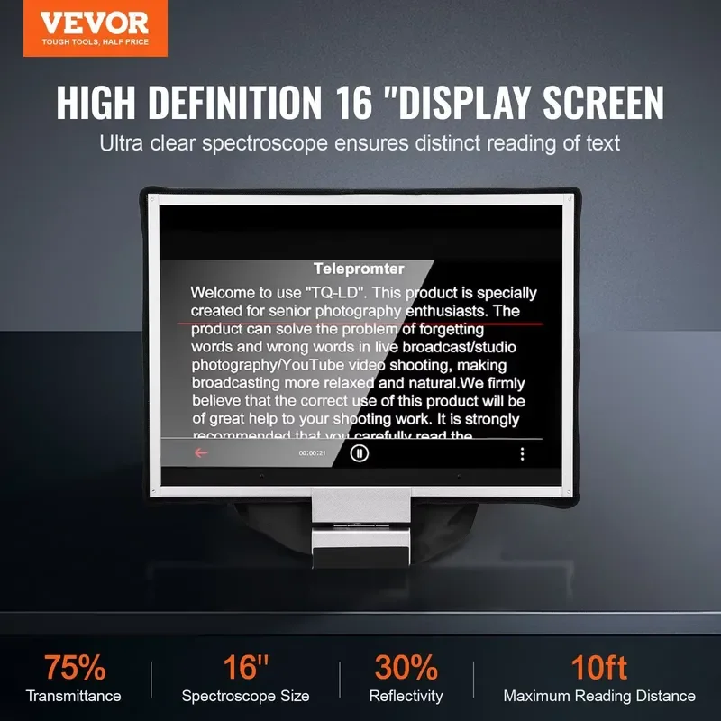 16 Inch Aluminum Teleprompter for Live Streaming Adjustable Angle Compatible with YouTube and Zoom Video Recording Equipment