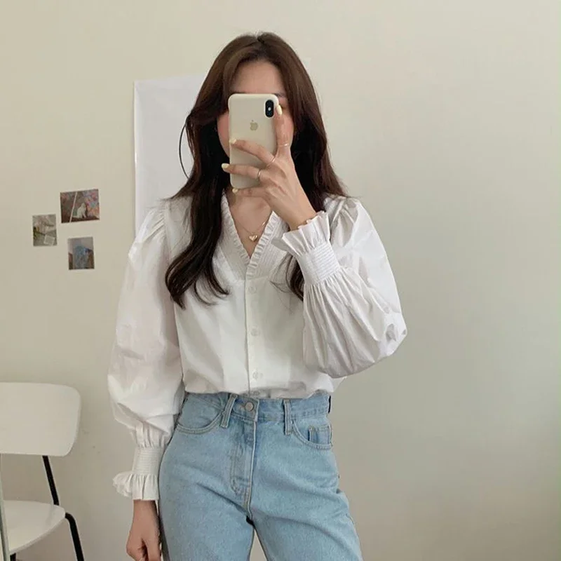 Elegant Blue Shirts Women V Neck White Puff Long Sleeve Blouses Streetwear Korean Fashion Casual All Match Tops Spring Autumn