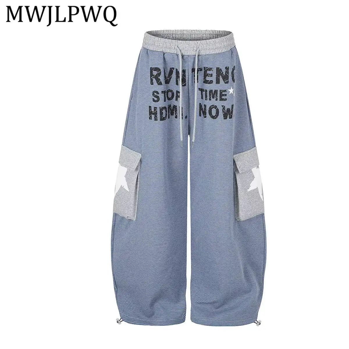 MWJLPWQ Unisex Elastic Drawstring Striped Sweatpants Cracked Letter Print Cargo Detail Wide Leg Adjustable Y2k Trousers 17091