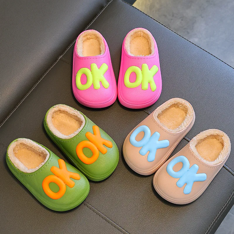 Kids Cotton Slippers Indoor Anti Slip Waterproof Girls Shoes Warm Plush Home Slippers Parent Child Shoes Boys Soft Sole Slides