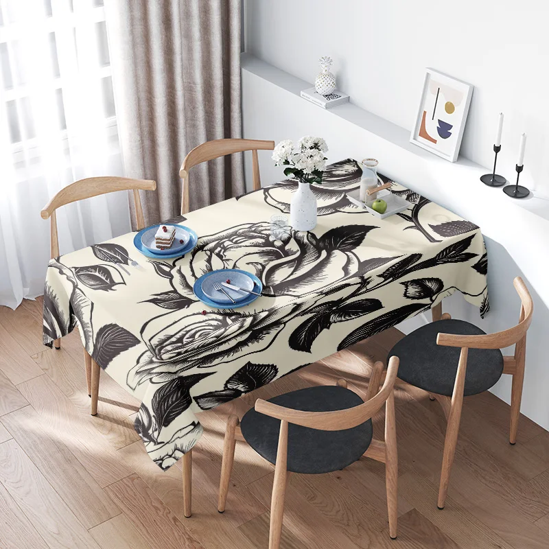 

Vintage Floral Tablecloth Large Dining Room Decor Black White Rose Print Machine Washable Fabric Cover for Home Table Linens (Th