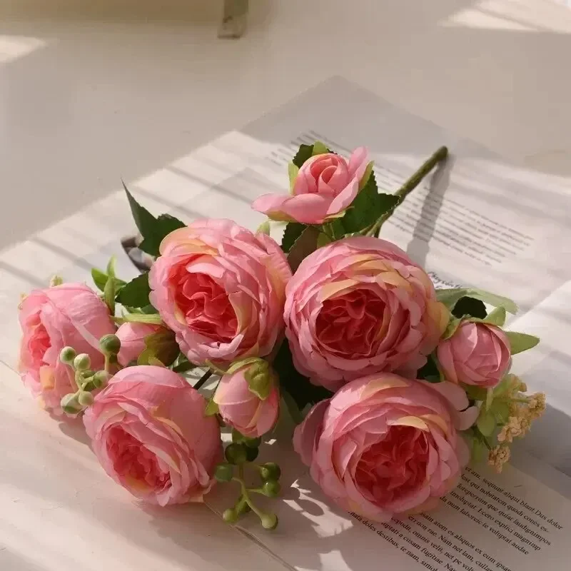 

30cm Rose Pink Silk Bouquet Peony Artificial Flower 5 Big Head 4 Small Bud Bride Wedding Home Decoration Artificial Flower