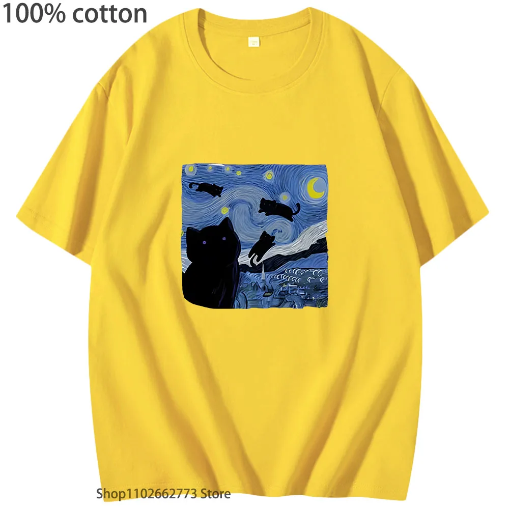The Starry Cat Night Printing Tshirt for Men 100% Cotton Summer Tops Fashion Soft T-Shirts Women's Casual Y2k Tee Unisex Clothes