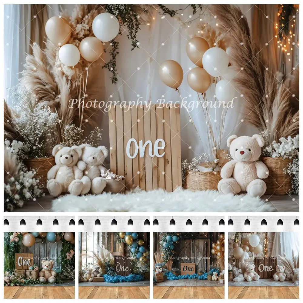 

Boho Style Toy Bear Backdrop Balloons Baby Shower Newborn 1st Birthday Party Photography Background Decor Photo Studio Props