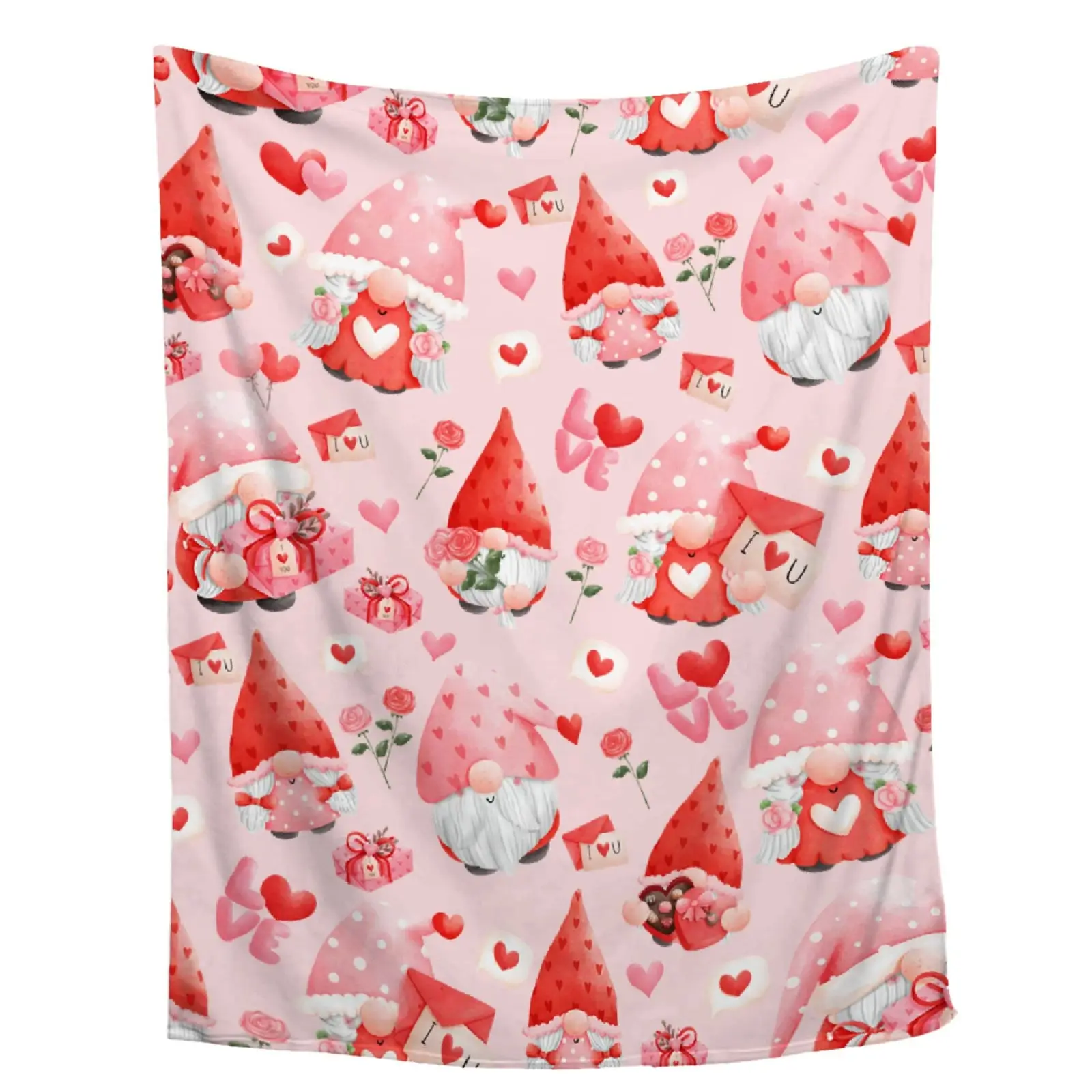 HX Valentine's Day Gnome Blanket Cute Gnomes Letter Printed Flannel Throw Blankets Soft Fluffy Bed Quilts for Home Decor