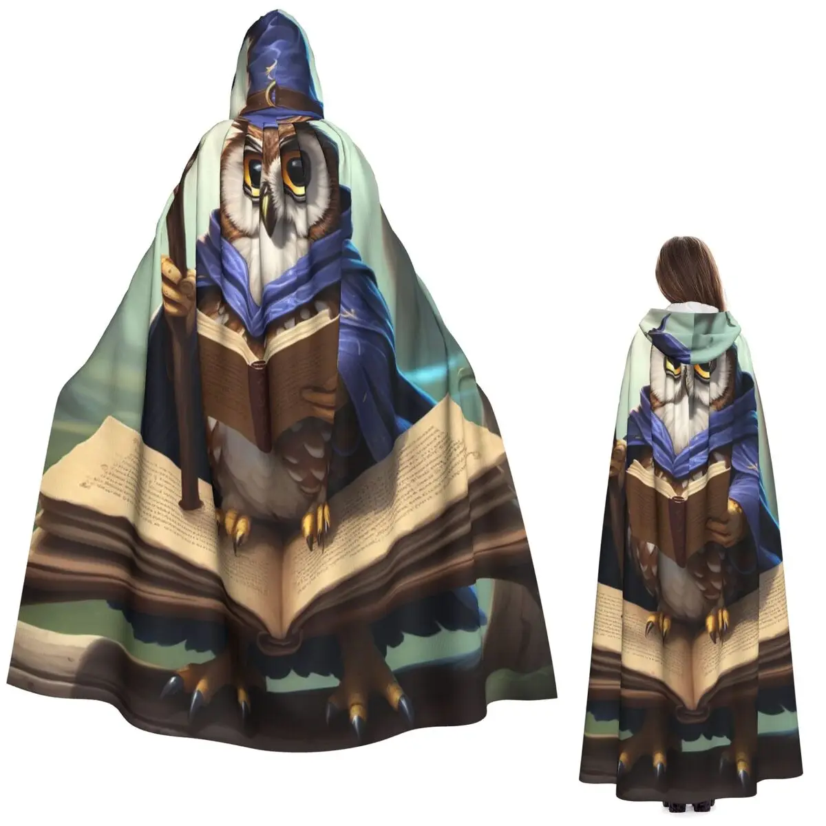 

Wizard Owl And Book Design Long Hooded Cloak Witch Medieval Costume Cosplay Cape HalloweenParty Adult Unisex