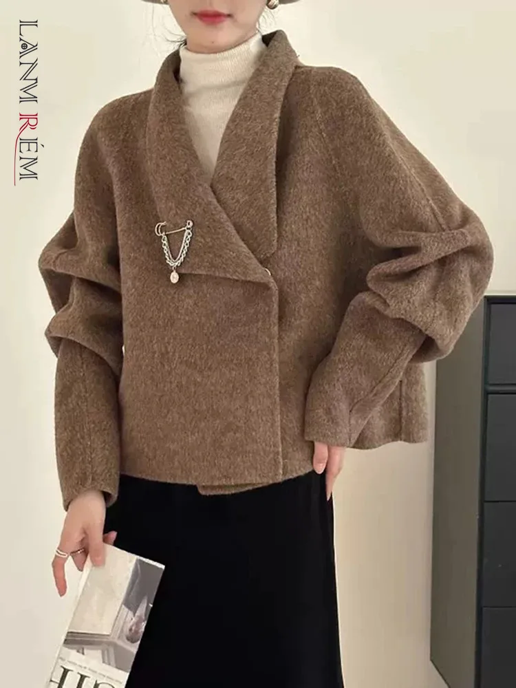 

LANMREM Fashion Double Sided Woolen Coat For Women Lapel Two Button Solid Color Casual Short Coats 2024 Autumn New 2Z2629