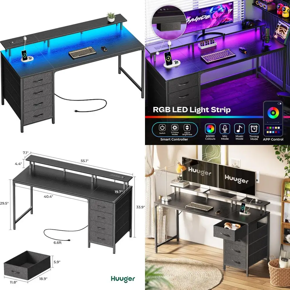 

55 Large Gaming and Office Desk with Power Outlets, LED Lights, 4 Drawers, and Monitor Stand