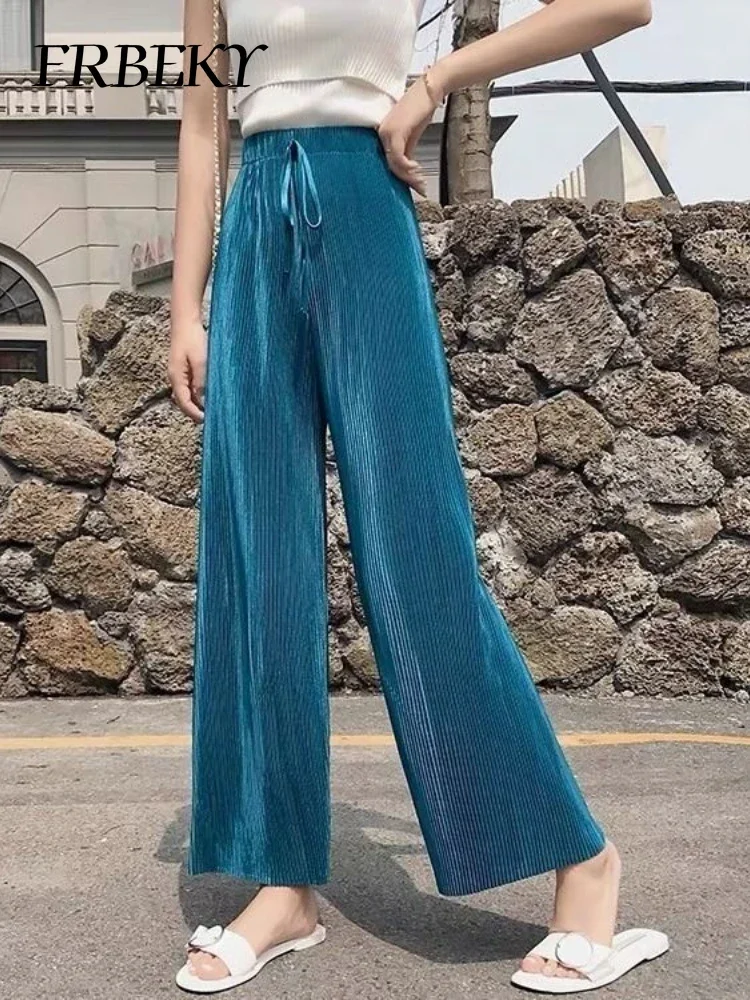 Elegant  Women's Pants Leisure Solid Color Pleated Wide Leg Pants Fall New Drape Loose Nine Pants Streetwear Women Clothing