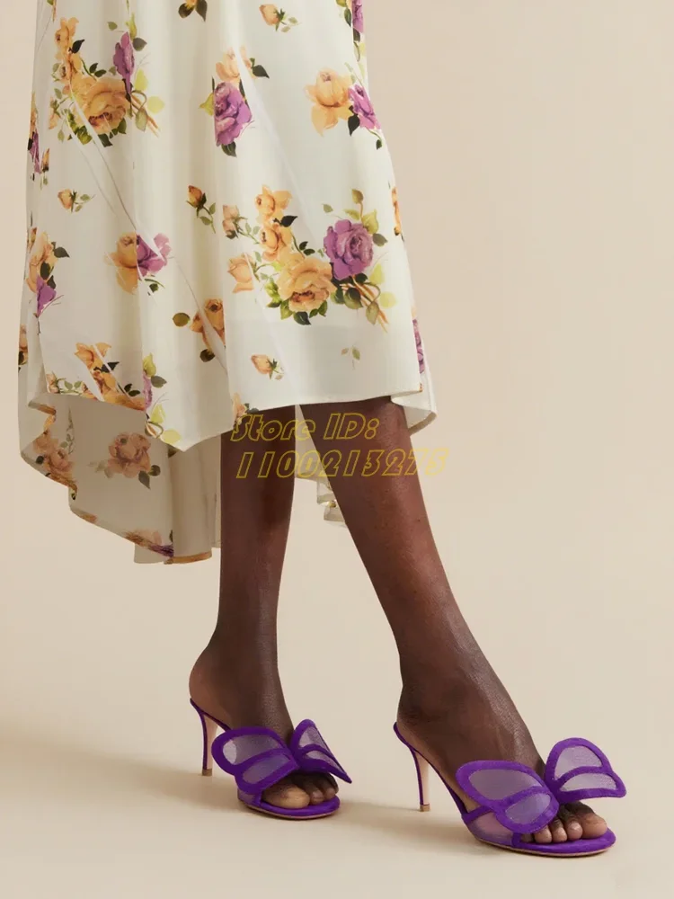

Air Mesh Thin High Heel Slippers Open Toe Purple Black Red Fashion 2025 Summer Women Slip On Butterfly Knot Hollow Slides