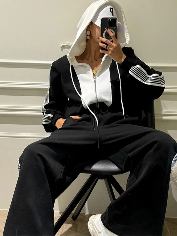 Faionable couleur Blo rayé Long Sve sweat à capuche Jaet femmes taille haute décontractée pantalons longs ensemble automne nouveauté rue...