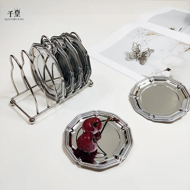 

French stainless steel bar cocktail metal coaster set Western coffee dessert plate mirror dessert cake plate