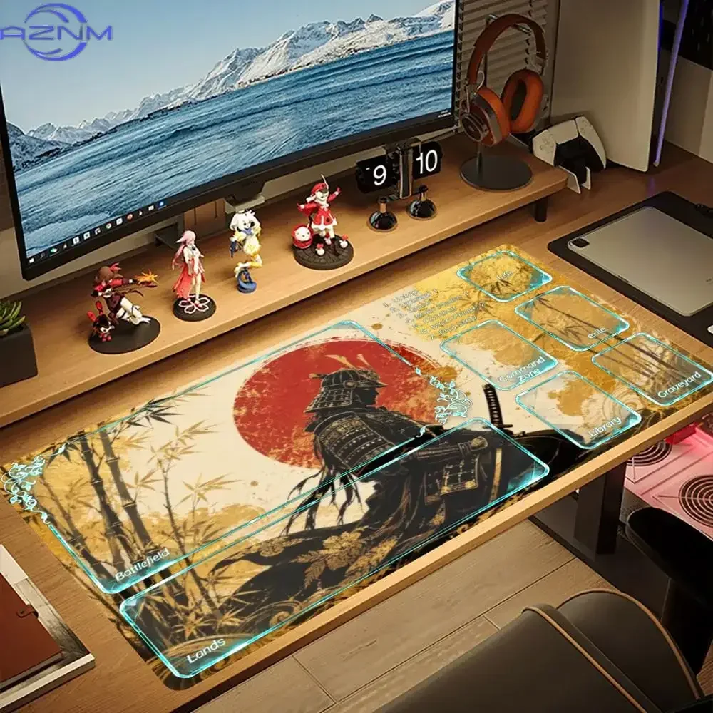 Vintage Samurai Bamboo TCG Large Mousepad, Non-Slip Rubber Waterproof Extended Desk Mat, Japanese Warrior Zoned Playmat for Trad