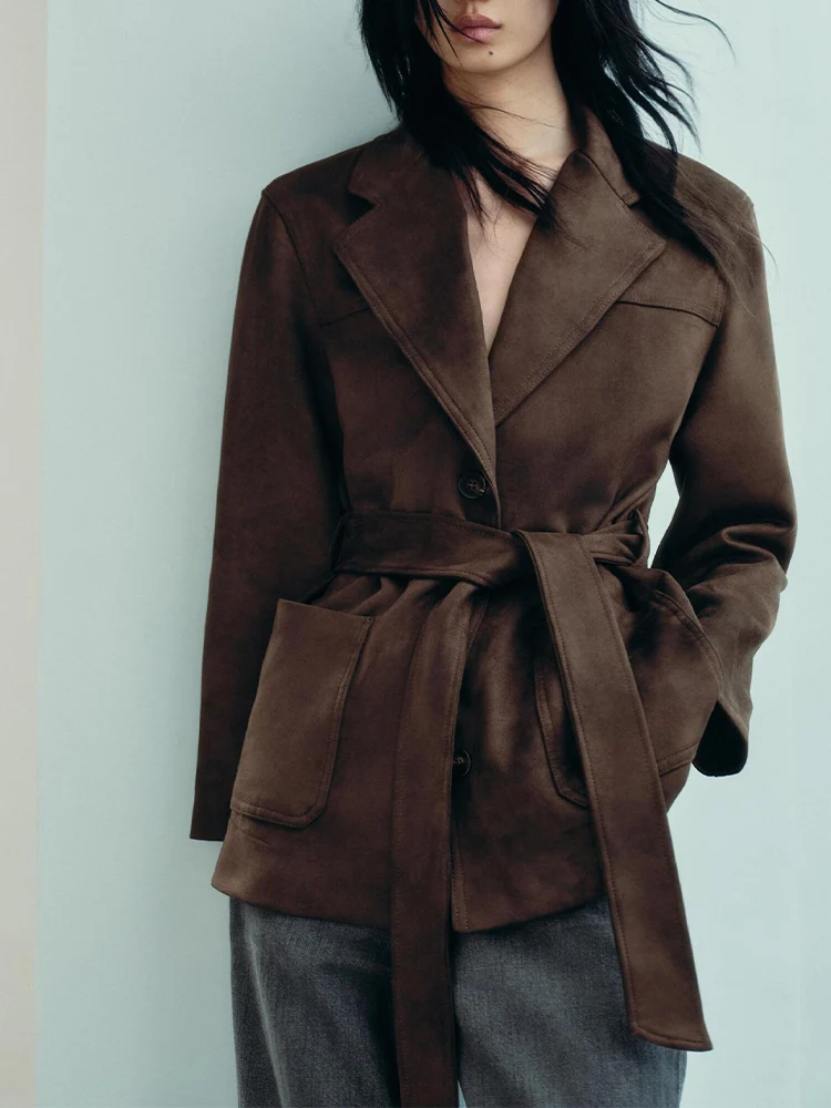 

European style new women's fashion versatile temperament solid color suede suit collar belt windbreaker