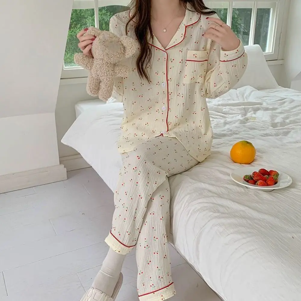 

Fashion Ruffle Cherry Pajamas Women Lapel Loose Two Piece Nightwear Nightdress Sweet Pajamas Suit Home
