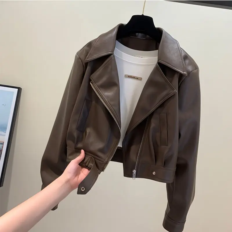 2026 Women's Leather With Fleece, Autumn And Winter New Style, Elegant Turn-Down Collar, Petite Short Slim-Fit Versatile Jacket