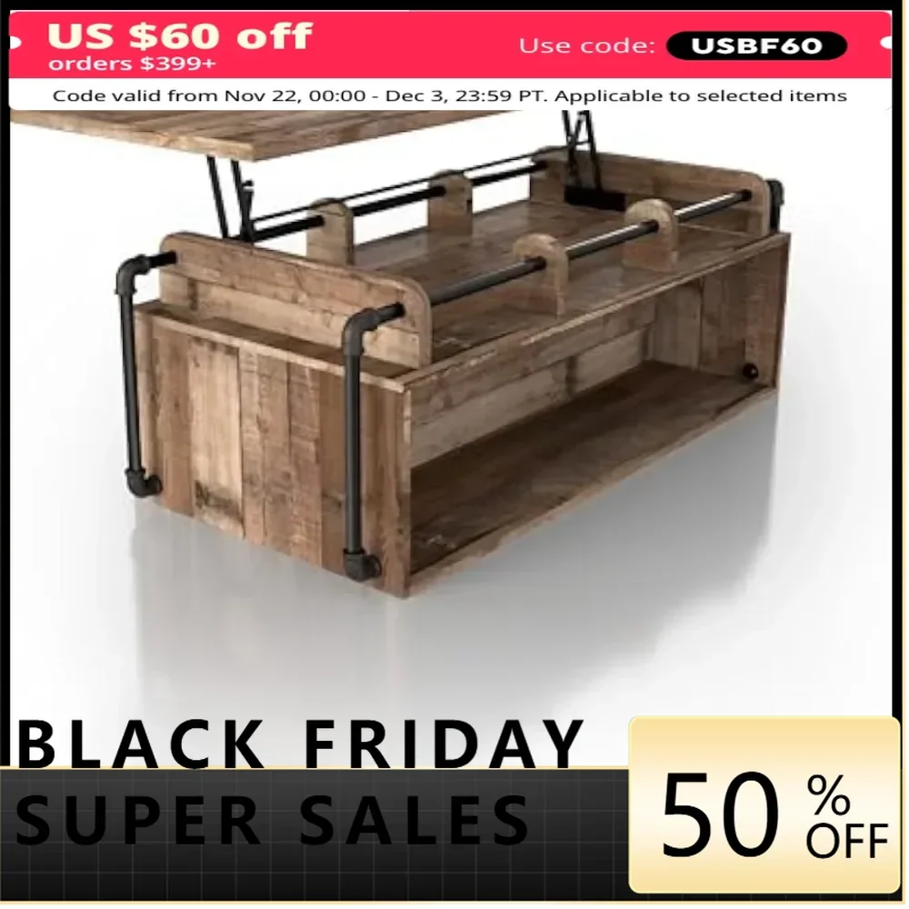 52 inch wooden lift coffee table with storage space, industrial rectangular tabletop, adjustable height