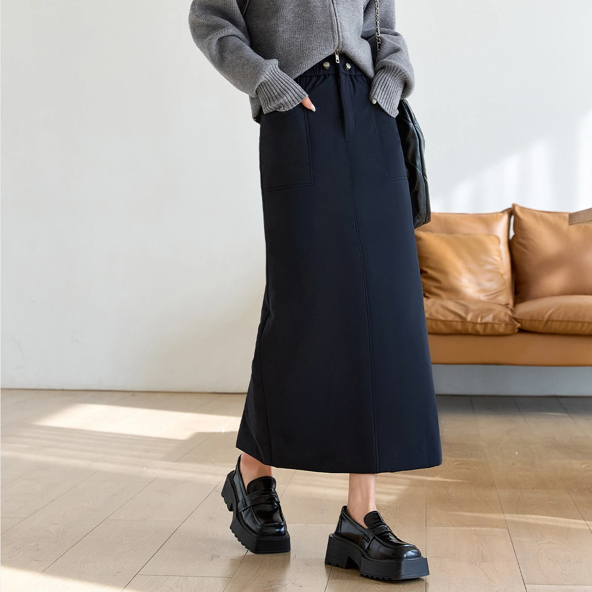 Vimly azul marinho midi saia casual acolchoado em linha reta senhoras saias inverno 2025 senhora do escritório grosso volta fenda saias femininas m9567