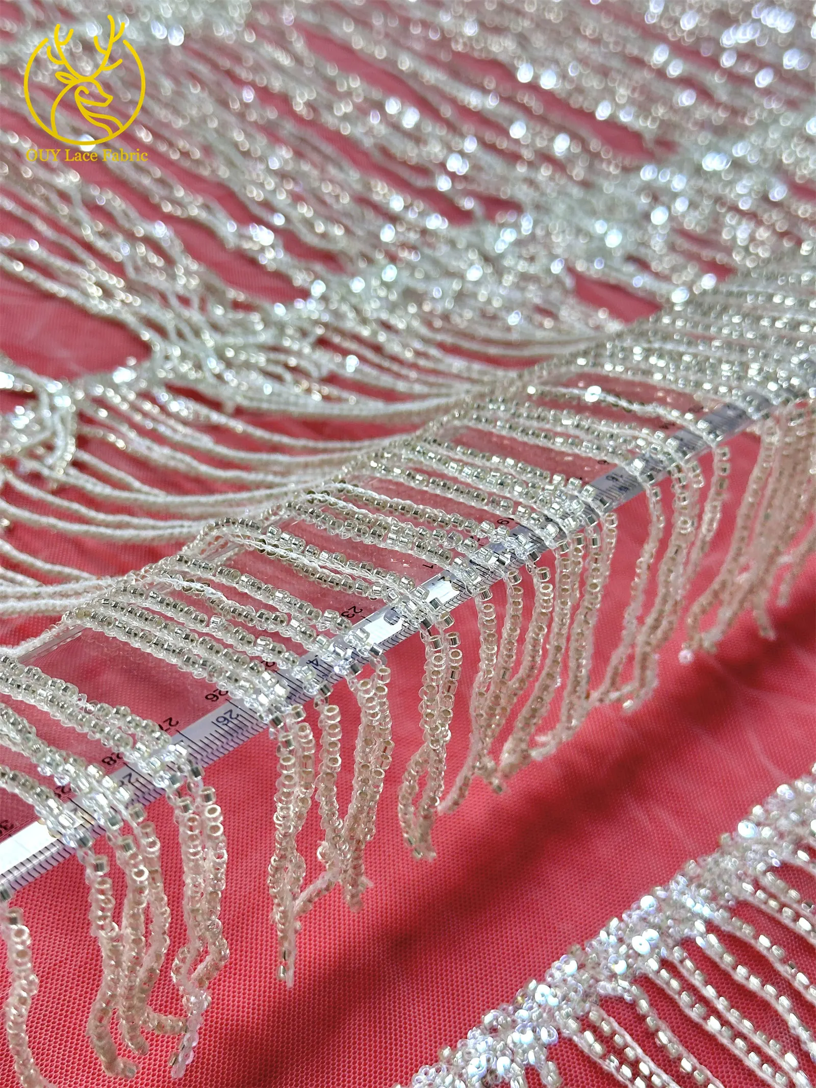 Weinroter nigerianischer 3D-Quasten-Perlen-Spitzenstoff, französischer Pailletten-Tüll-Spitzenstoff, afrikanischer Spitzenstoff für Damen, Hochzeitskleid, Nähen – Detail 12